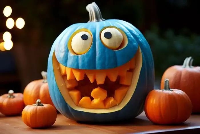 a carved pumpkin with an evil face surrounded by small pumpkins