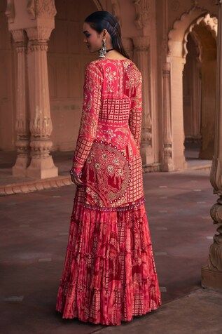 Maroon georgette padded kurta with thikri and floral print and sequins and mirror embroidery. Comes with gharara and a potli bag. - Aza Fashions Floor-length Sharara With Motifs For Reception, Floor-length Meenakari Dresses For Festivals, Anarkali Meenakari Floor-length Dress, Semi-stitched Floor-length Meenakari Sharara, Transitional Floor-length Sharara With Pallu, Transitional Floor-length Sharara, Floor-length Meenakari Sharara For Reception, Meenakari Floor-length Dress For Wedding, Meenakari Floor-length Wedding Dresses