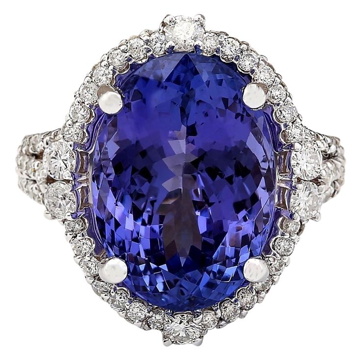 12.87 Carat Natural Tanzanite 14K White Gold Diamond Ring - Fashion Strada 14k White Gold Diamond Ring, Halo Style Engagement Rings, Tanzanite Engagement Ring, Tanzanite Diamond Ring, Tanzanite Diamond, Gold Gemstone Ring, Halo Style, Blue Tanzanite, Sterling Silver Engagement Rings