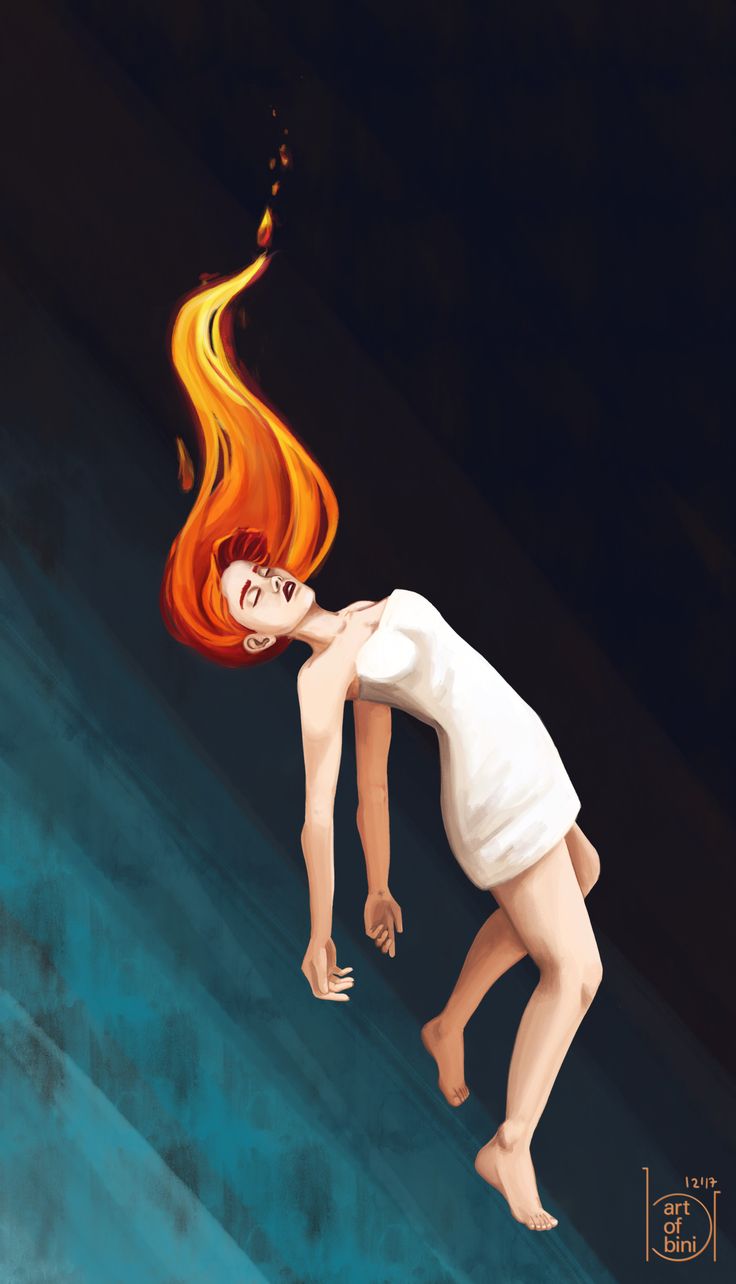 a painting of a woman floating in the air with fire coming out of her head