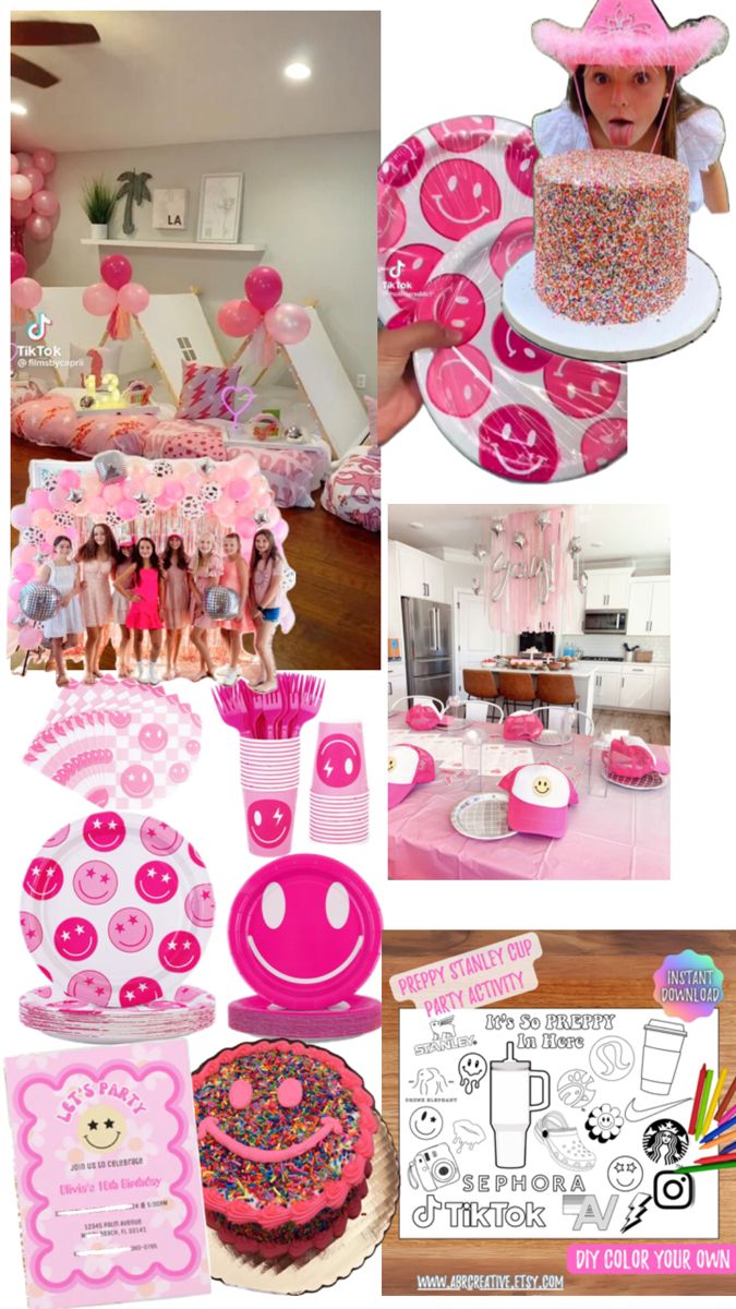 a collage of pink and white items including cake, cupcakes, napkins and balloons