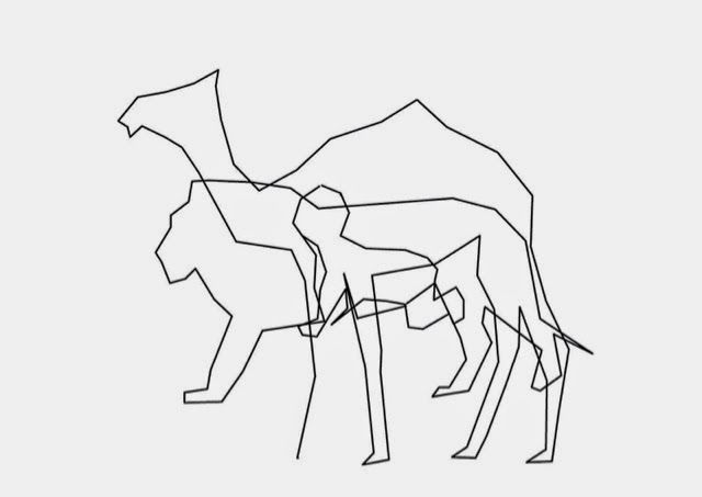 an abstract line drawing of two dogs walking side by side on a white background in black and white