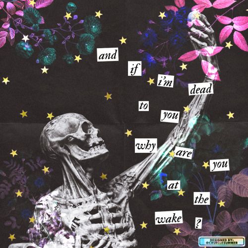 a drawing of a skeleton holding up a hand with words written on it and flowers in the background