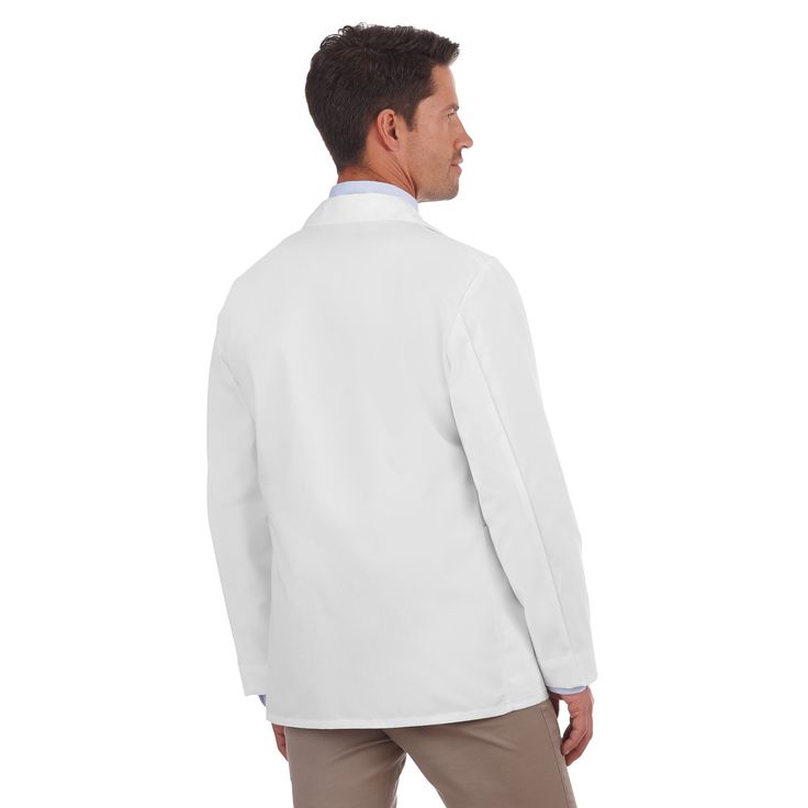 Total of 7 Pockets - 2 Inside 2 Oversized Lower Pockets to Hold iPad® Each Outside Lower Patch Pocket Has Concealed Inside Pocket Pen Divider on Chest Pocket 65% Polyester, 35% Cotton Fine Line Twill 5.5 oz. sq/yd Professional Winter Outerwear With Lapel Collar, White Long Sleeve Outerwear For Office, White Long Sleeve Pea Coat For Work, White Long Sleeve Sport Coat With Pockets, Professional Single-breasted Long Sleeve Outerwear, Professional Long Sleeve Single Breasted Outerwear, White Notch Lapel Outerwear With Pockets, Formal White Outerwear With Pockets, White Notch Lapel Sport Coat For Winter