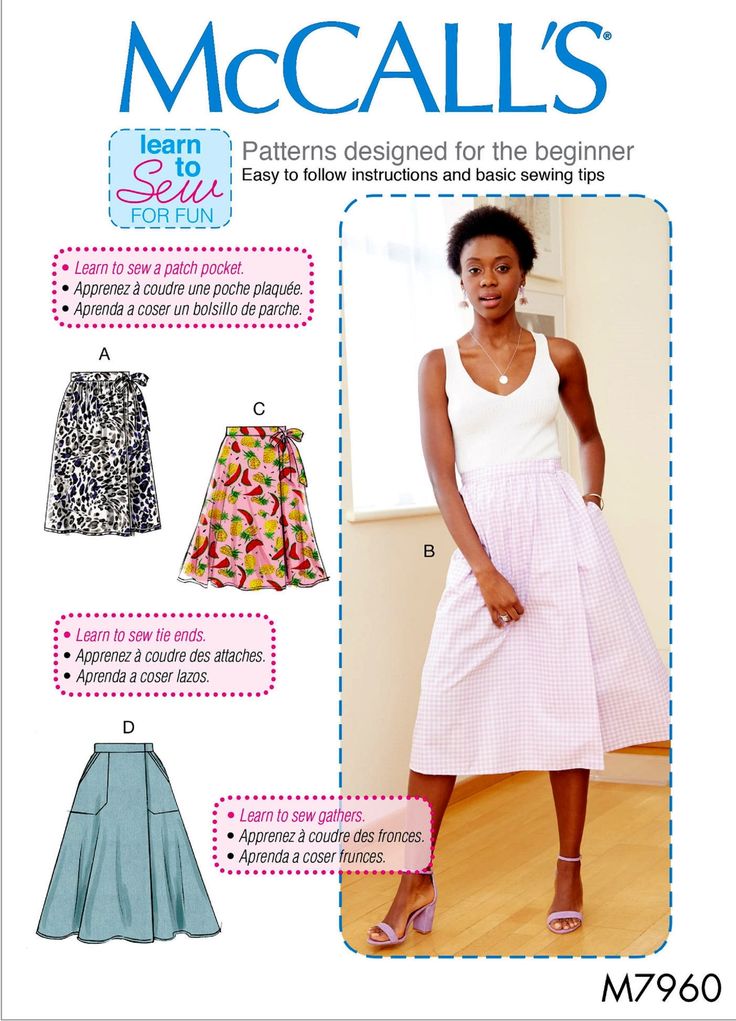 a woman in a white top and pink skirt is standing next to a sewing pattern