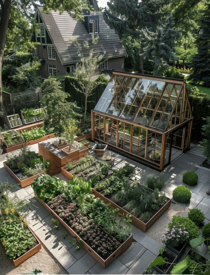 an aerial view of a garden with lots of plants