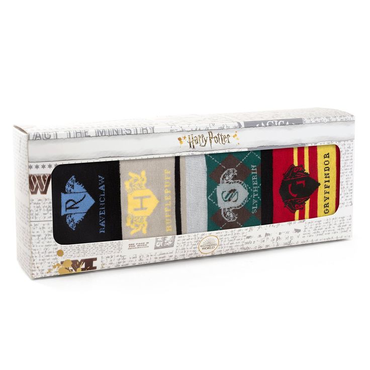 the harry potter socks are packaged in a white box with three different colors and designs