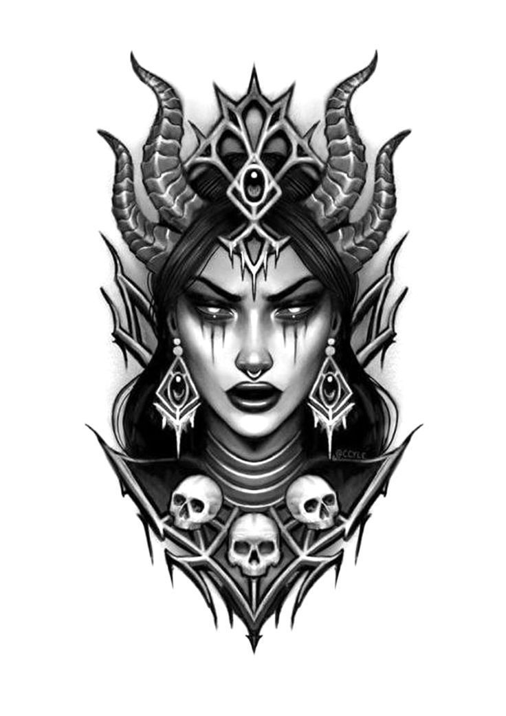 a woman's face with horns and skulls on her head, in black and white