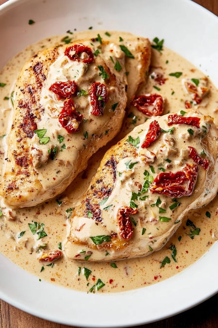 two pieces of chicken covered in sauce on a white plate