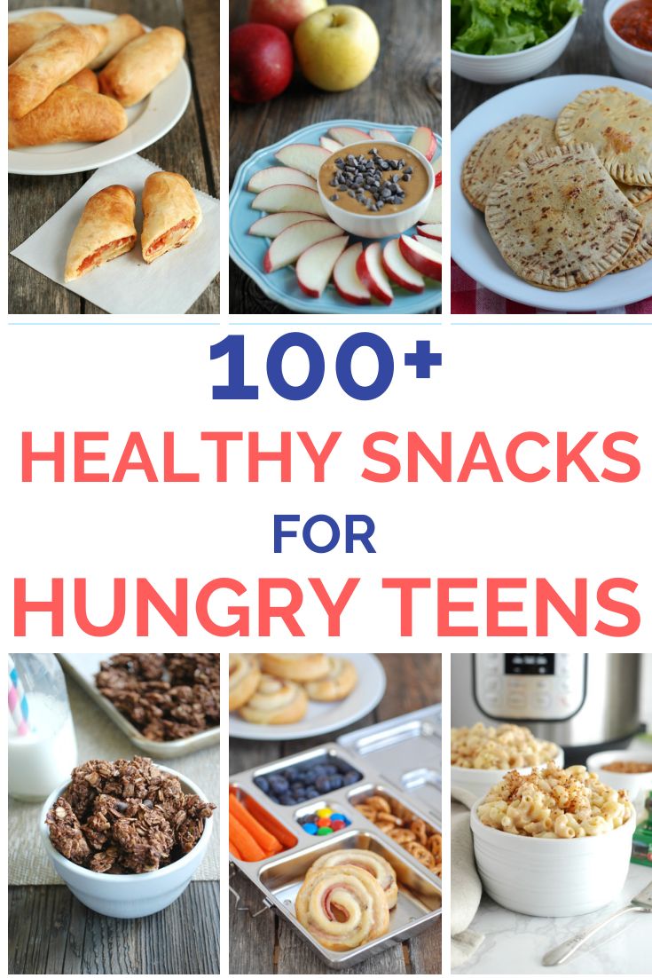 healthy snacks for hungry teens with text overlay