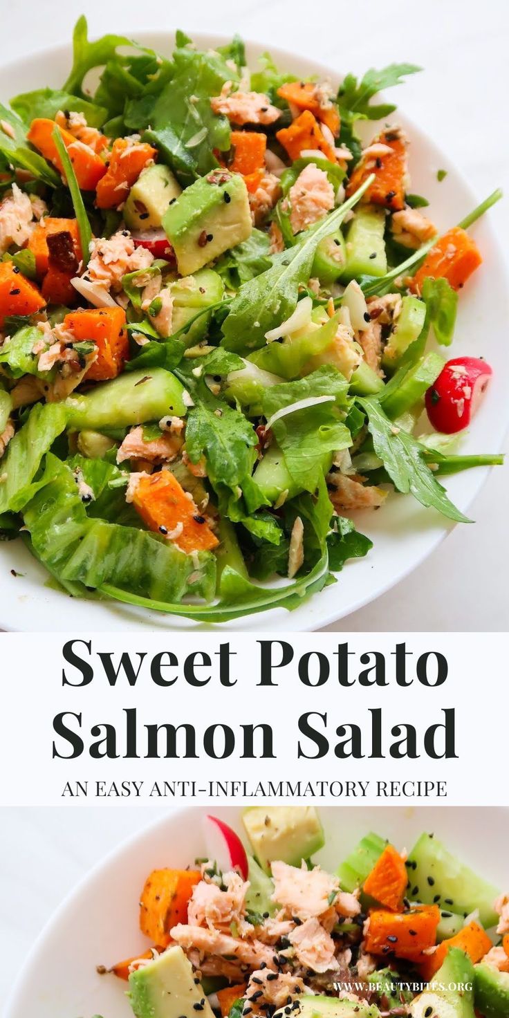 two white plates filled with salads on top of a table next to each other