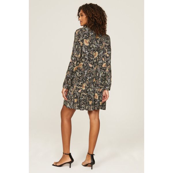 Black floral crepe (100% Rayon). Shift. Long sleeves. Tie neck. Front button closure. 35" from shoulder to hemline. Imported. V-neck Abstract Print Fall Dresses, Floral Print Shift Dress With V-neck, Black V-neck Dress With Abstract Print, Michael Stars, Rent The Runway, Dark Floral, Closet Designs, Drop Waist, Swing Dress