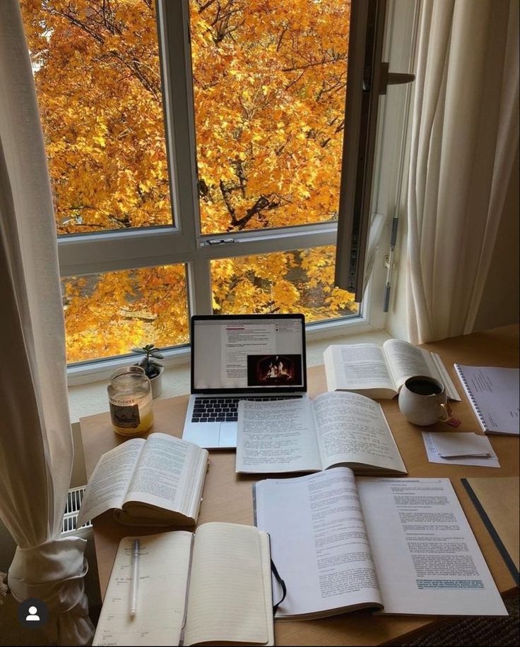 an open laptop computer sitting on top of a wooden desk next to books and papers