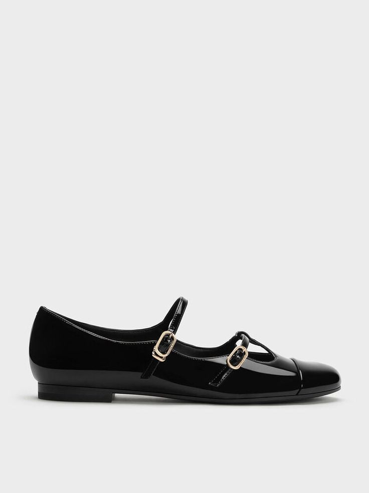 Black Boxed Double-Strap T-Bar Mary Janes Modern Black Mary Janes With Buckle Closure, Modern Black Mary Janes For Work, Chic Patent Leather Mary Janes With Buckle Closure, Classic Black Patent Leather Mary Janes, Faux Leather Heels, Size Chart For Kids, Charles Keith, Low Block Heels, Mary Jane Flats