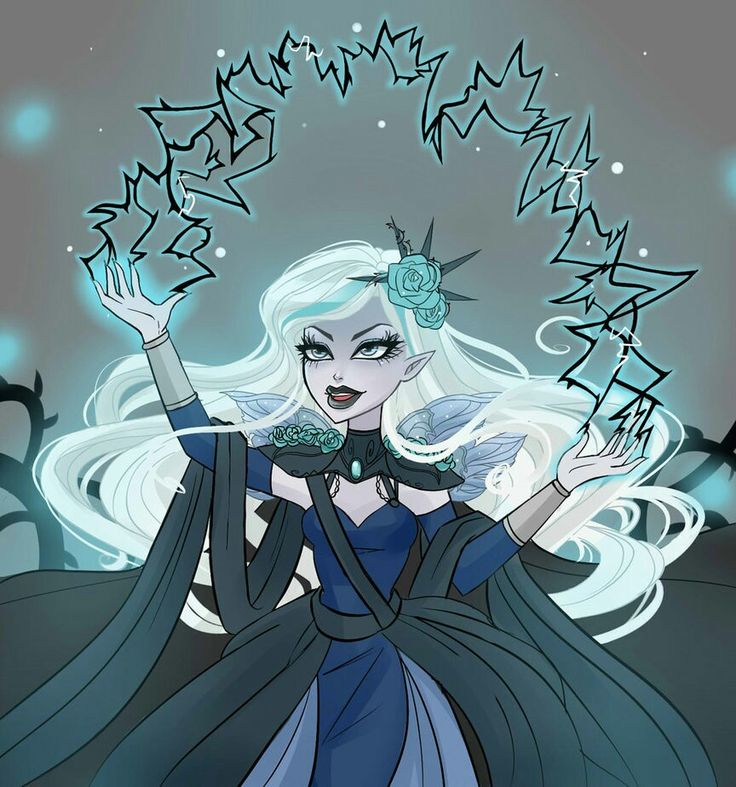 a drawing of a woman with white hair and blue eyes wearing an elaborate dress, holding her hands up in the air