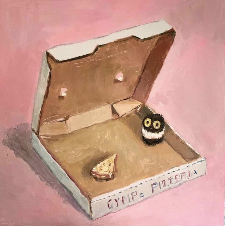 an owl is sitting in a box with pizza