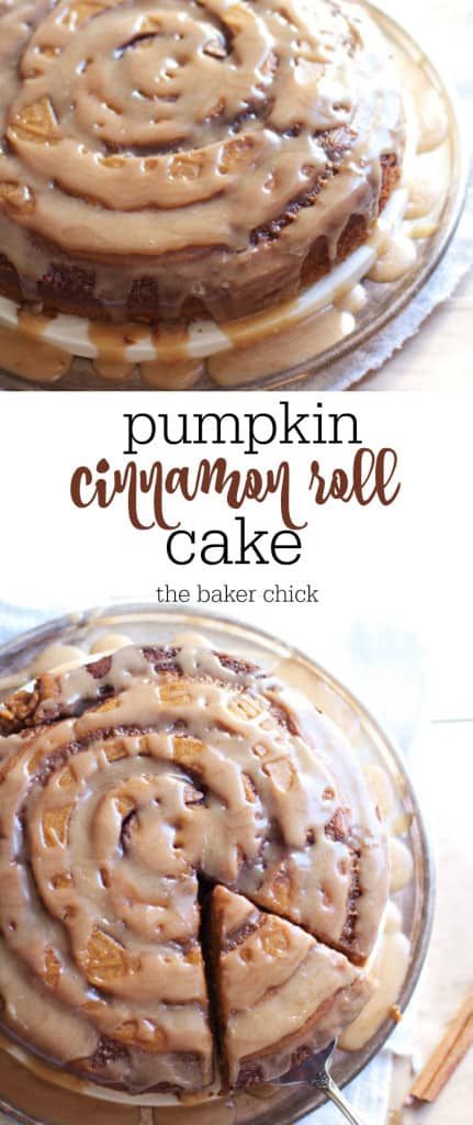 pumpkin cinnamon roll cake on a glass plate