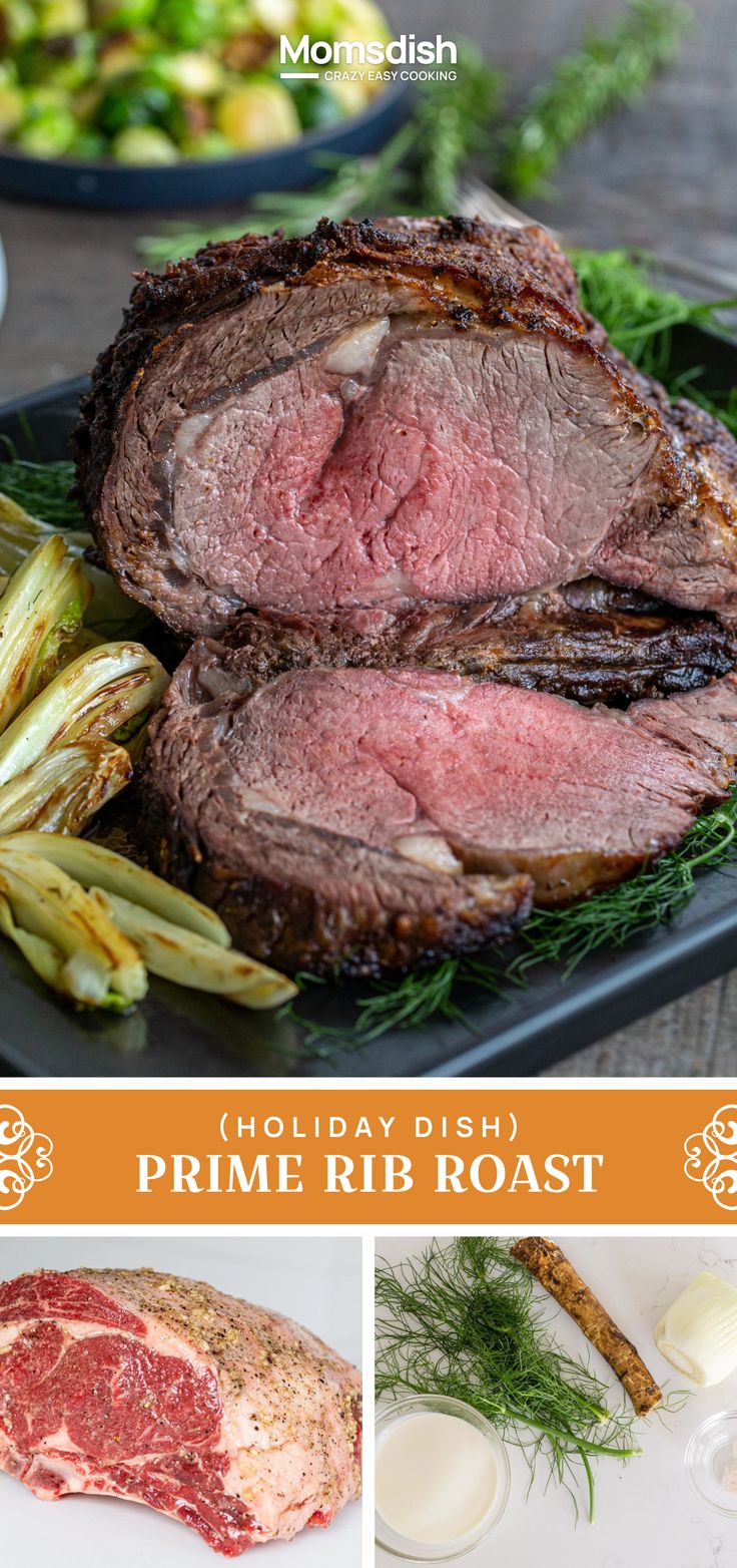 the prime rib roast has been sliced and is ready to be served with potatoes, aspara