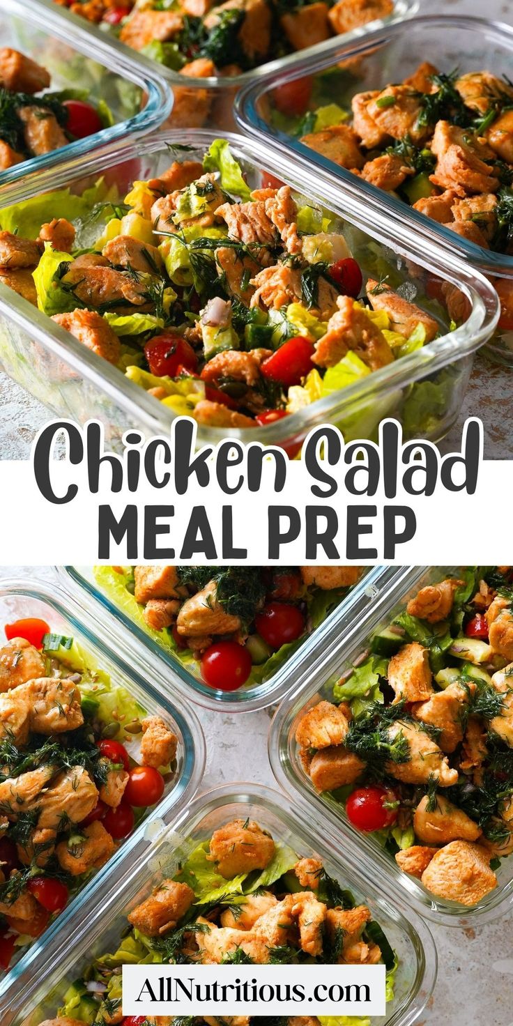 chicken salad meal prepped in plastic containers