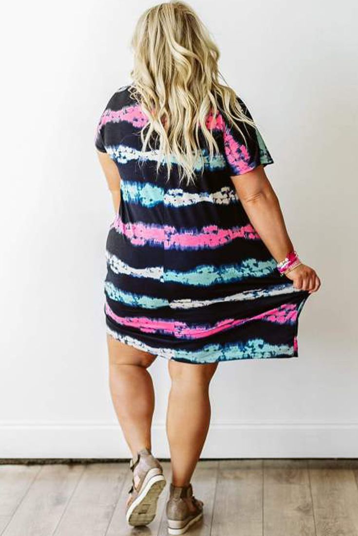 Striped Tie-dyed Plus Size Mini Dress Casual Tie-dye Mini Dress, Casual Tie Dye Mini Dress, Tie Dye Short Sleeve Dress, Casual Tie Dye Dress For Vacation, Mini Dress Plus Size, Plus Size Mini Dresses, Mini Dress Fashion, Plus Size T Shirt, Clothing Plus Size