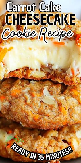 two carrot cake cookies stacked on top of each other with the words carrot cake cheesecake cookie recipe ready in 35 minutes