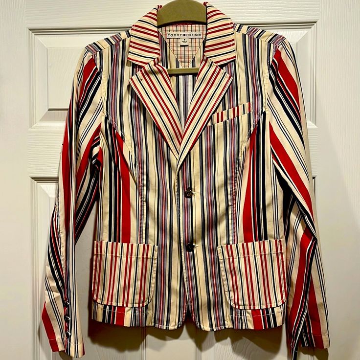 Nwt Tommy Hilfiger Blazer Size 8. Cream Color With Red And Blue Stripes. Looks Great With Jeans, I Just Have Too Much And Never Wore It. Fitted Striped Cotton Outerwear, Fitted Cotton Outerwear With Striped Pattern, Red Cotton Blazer For Spring, Tommy Hilfiger Long Sleeve Blazer For Spring, Casual Striped Blazer With Button Closure, Casual Striped Blazer With Pockets, Casual Striped Single Breasted Outerwear, Casual Striped Single-breasted Outerwear, Tommy Hilfiger Jackets