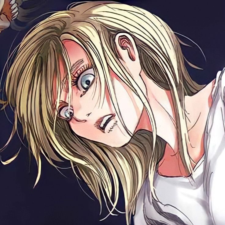 a drawing of a woman with blonde hair and blue eyes looking down at the camera