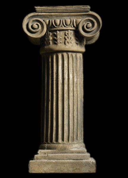 an old stone column with decorative designs on the top and bottom, against a black background