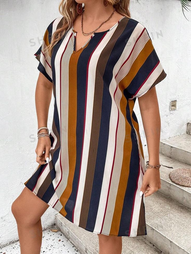 Style:Casual \nSleeve Type:Batwing Sleeve \nType:A Line \nWaist Line:Natural \nNeckline:Notched \nHem Shaped:Straight \nColor:Multicolor \nPattern Type:Striped \nSleeve Length:Short Sleeve \nLength:Knee Length \nFit Type:Loose \nFabric:Non-Stretch \nMaterial:Woven Fabric \nComposition:100% Polyester \nCare Instructions:Machine wash or professional dry clean \nSheer:No \n Short Gown Styles For Material, Simple Mini Dress, Striped Print Dresses, Corporate Dress, Sukienki Plus Size, Striped Tunic Dress, Striped Tunic, Short Gowns, Ribbed Knit Dress