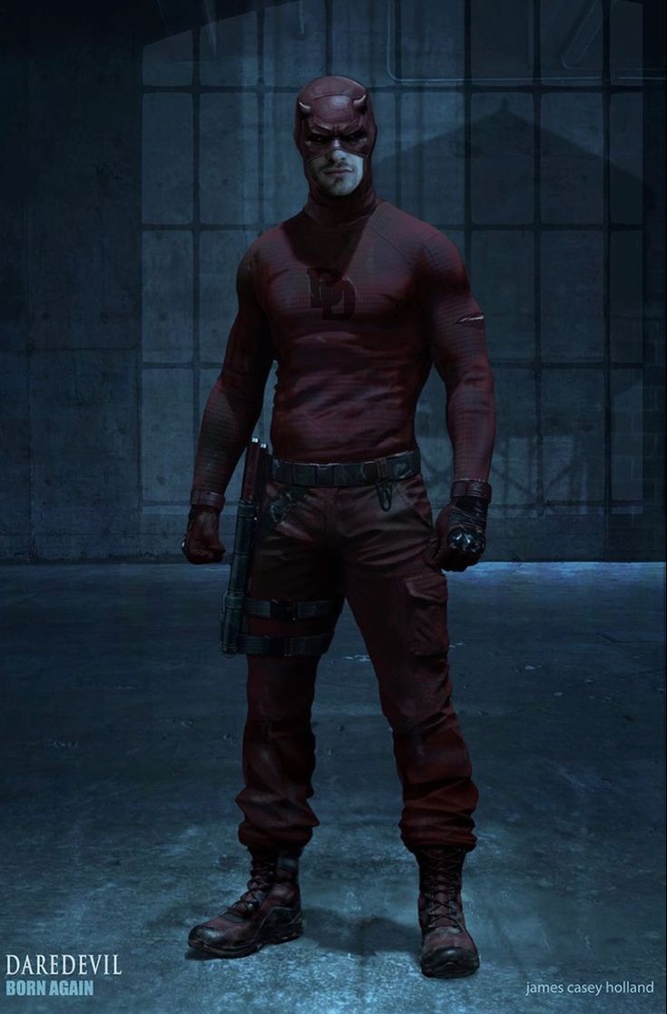 a man in a red leather outfit standing with his hands on his hips