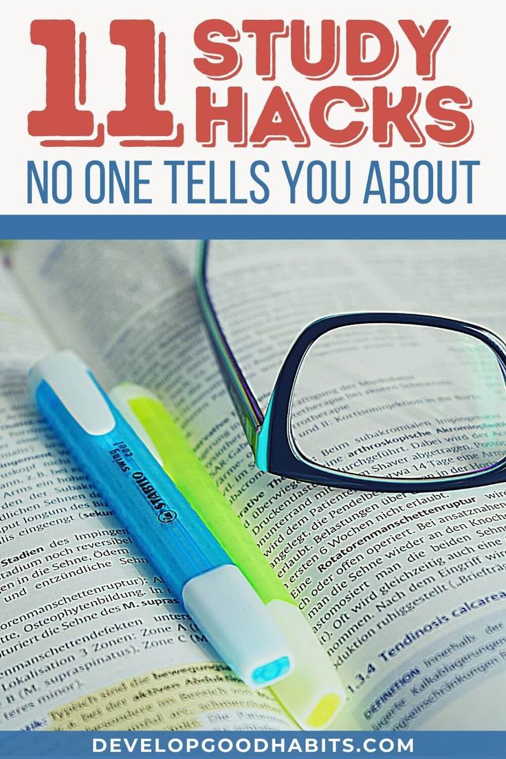 a pair of glasses sitting on top of an open book with the title 11 study hacks no one tells you about