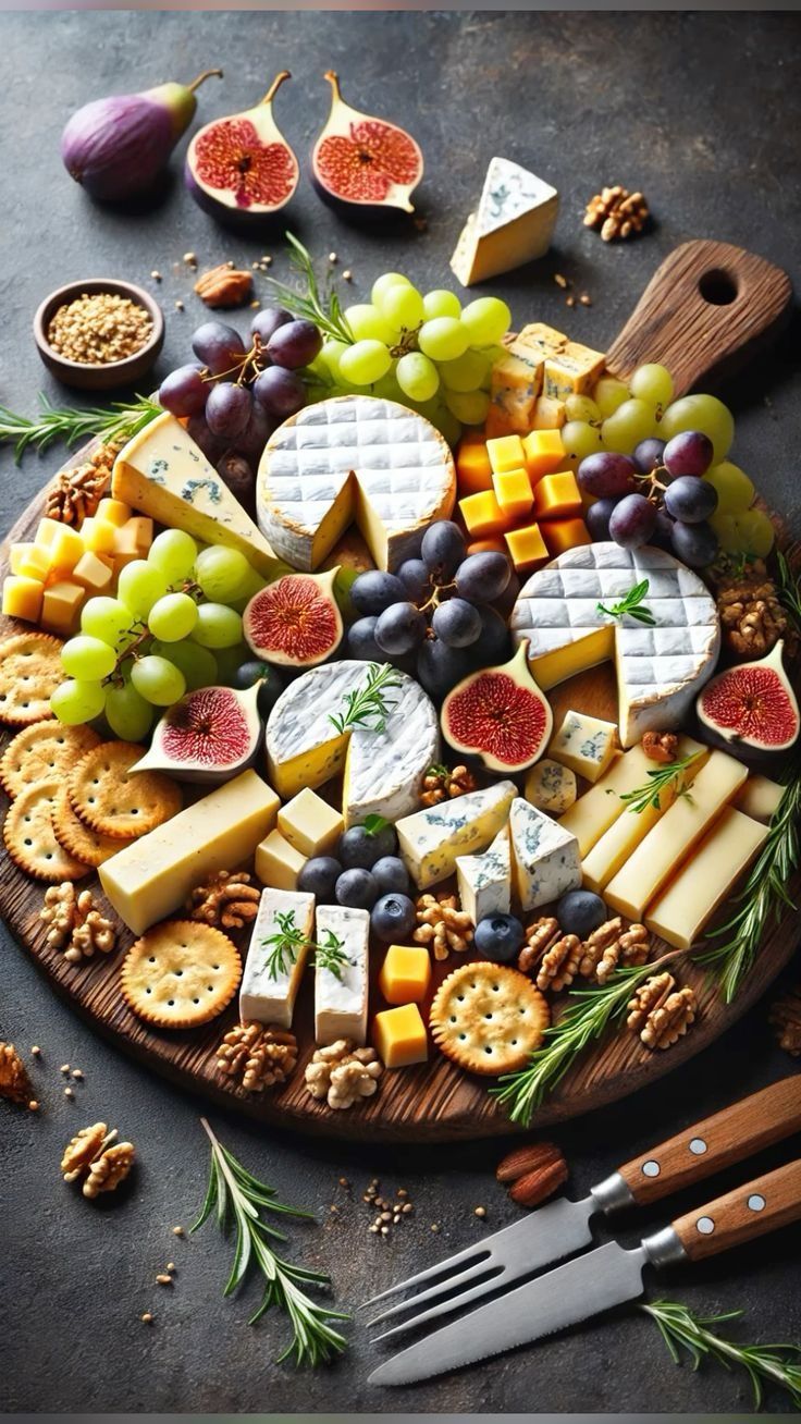 an assortment of cheeses and crackers on a wooden platter with utensils