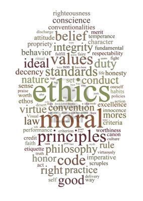 an image of the word ethics surrounded by other words