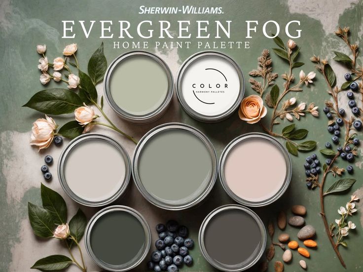 several paint cans with flowers and leaves around them on a green background that says evergreen fog home paint palette