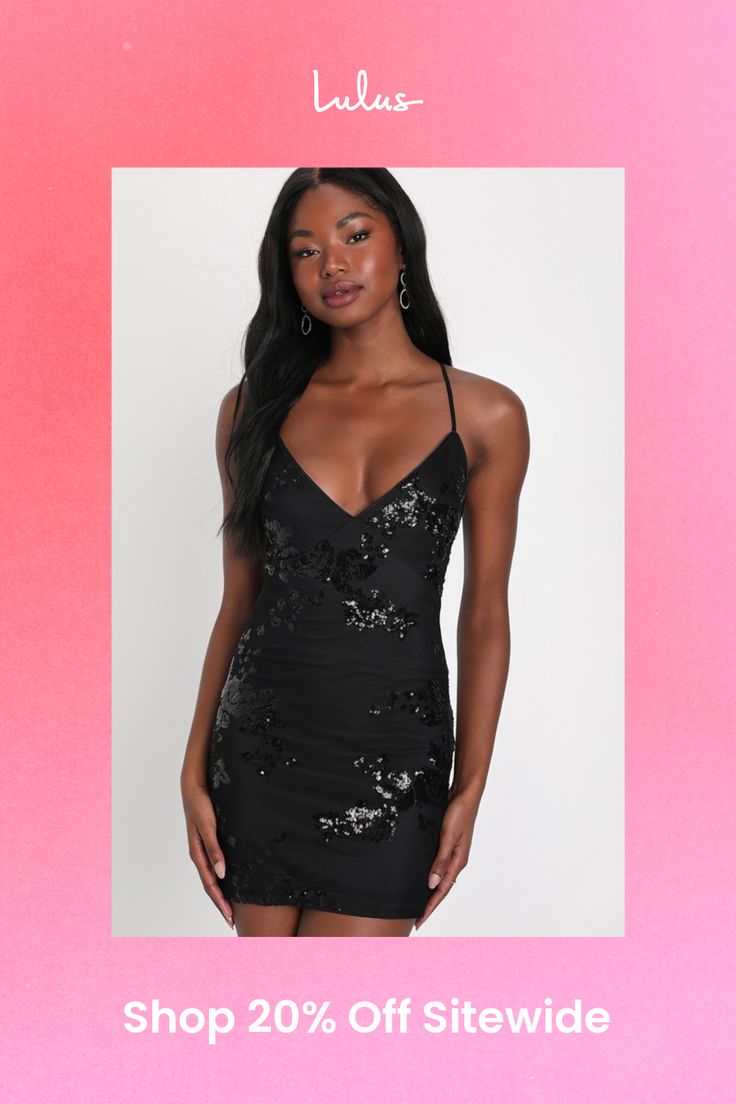 Make it a night to remember in the Lulus Valhalla Black Mesh Sequin Lace-Up Mini Dress! Sheer mesh, embellished with eye-catching display of shiny sequins, cover this flirty dress with a V-neckline and a triangle bodice with seamed, lightly padded cups. The figure-flaunting silhouette falls to a sexy mini hem while adjustable satin straps lace-up the open back for a head-turning finish. Hidden back zipper/clasp. Fit: This garment fits true to size. Length: Mid-thigh. Size medium measures 27" from adjustable straps to hem. Bust: Great for any cup size. Waist: Fitted - very fitted at natural waist. Hip: Fitted - stretchy fabric allows room for hips. Undergarments: May be worn with petals, or no bra. Fabric: Fabric is very stretchy. Lined. Shell: 93% Polyester, 7% Spandex. Lining: 100% Polyes Embellished Sequin Mini Dress For Night Out, Black Mini Sequin Fabric With Contrast, Date Night Embellished Mini Sequin Fabric, Glamorous Embellished Sequin Club Dress, Glamorous Embellished Sequin Dress For Club, Sequin Dress For Club Evening, Contrast Sequin Mini Dress For Evening, Holiday Club Mini Dress With Sequins, Holiday Club Sequin Dress With Contrast Sequins