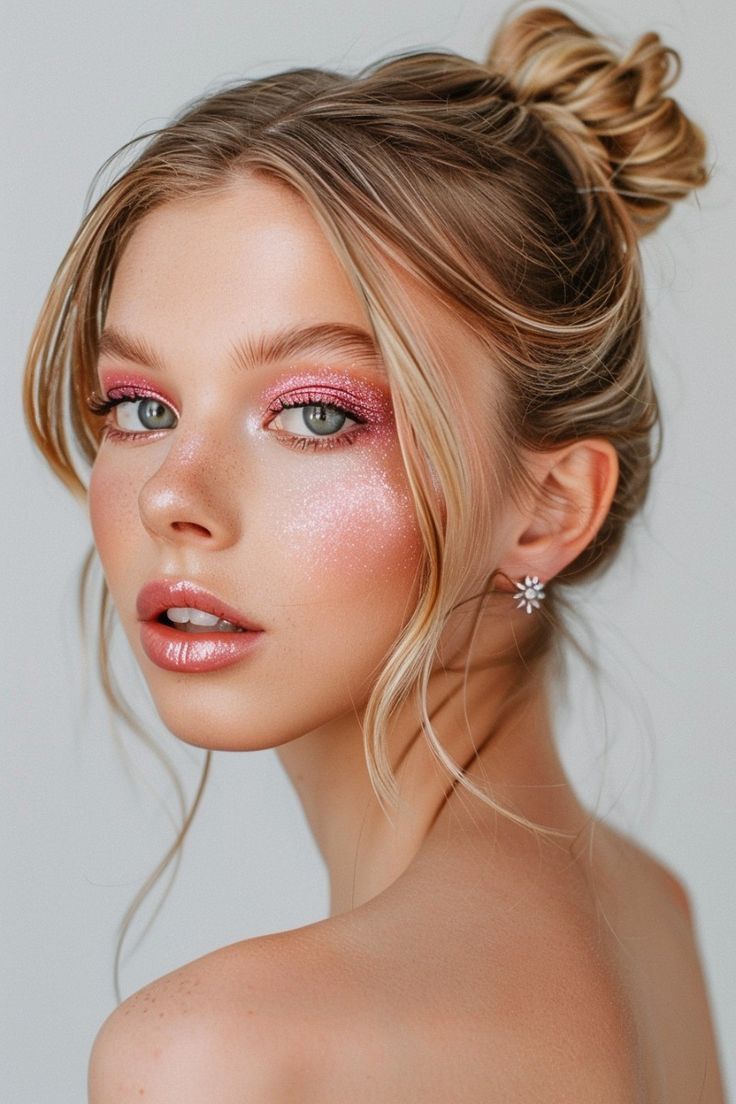 Pink Makeup Looks Soft Glam, Full Glam Makeup Blue Eyes, Pastel Makeup Ideas, Colorful Glitter Makeup, Bright Pink Eyeshadow Looks, Bold Pink Makeup, Pink Shimmer Eye Makeup, Full Glam Makeup Looks Glitter, Subtle Pink Eyeshadow