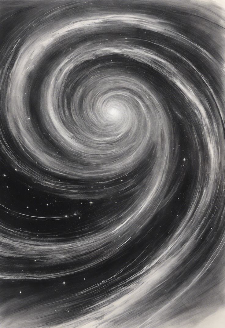 an image of a black and white spiral with stars in the sky, as if from outer space