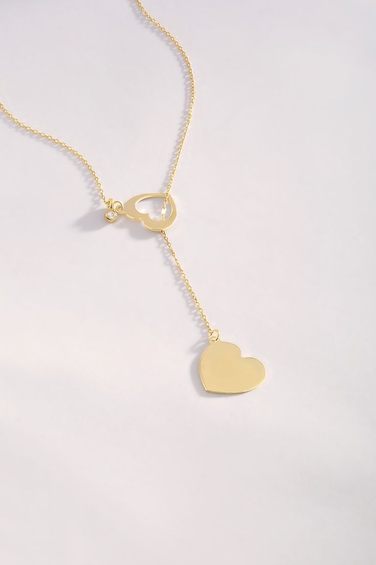 Close up photo of Gelin Diamond 14k Gold Lariat Heart Necklace Gold Pendant Jewelry, Gold Aesthetic, Diamond Necklaces, Gold Diamond Necklace, Double Heart, Romantic Gifts, Diamond Heart, Diamond Stone, Heart Necklace