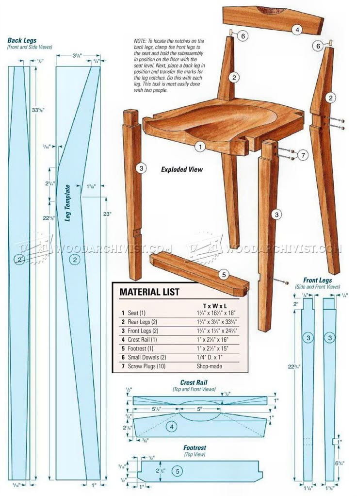 a wooden chair with measurements for the seat and back, as well as instructions to make it