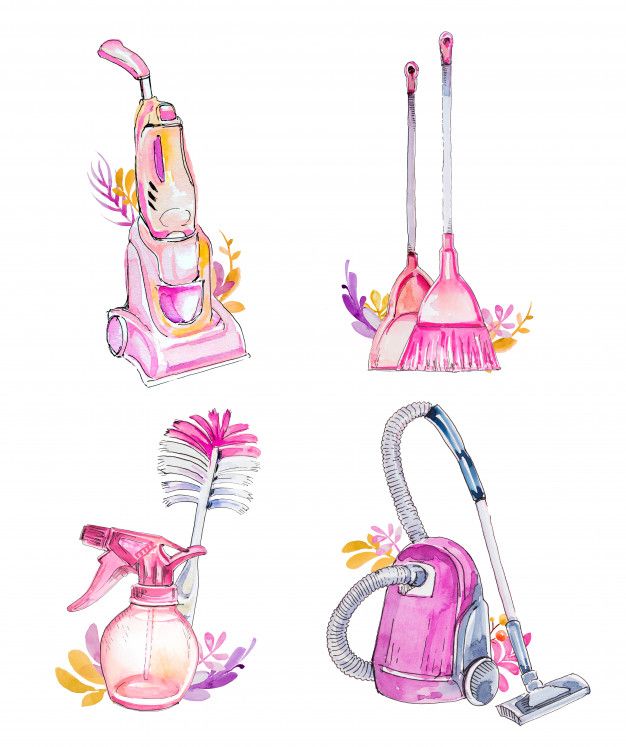 four different types of vacuums and mops on a white background with watercolor splashes