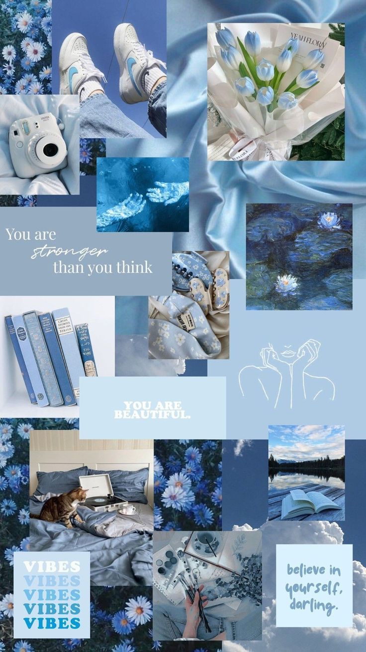 a collage of blue and white images with words written in the bottom right corner