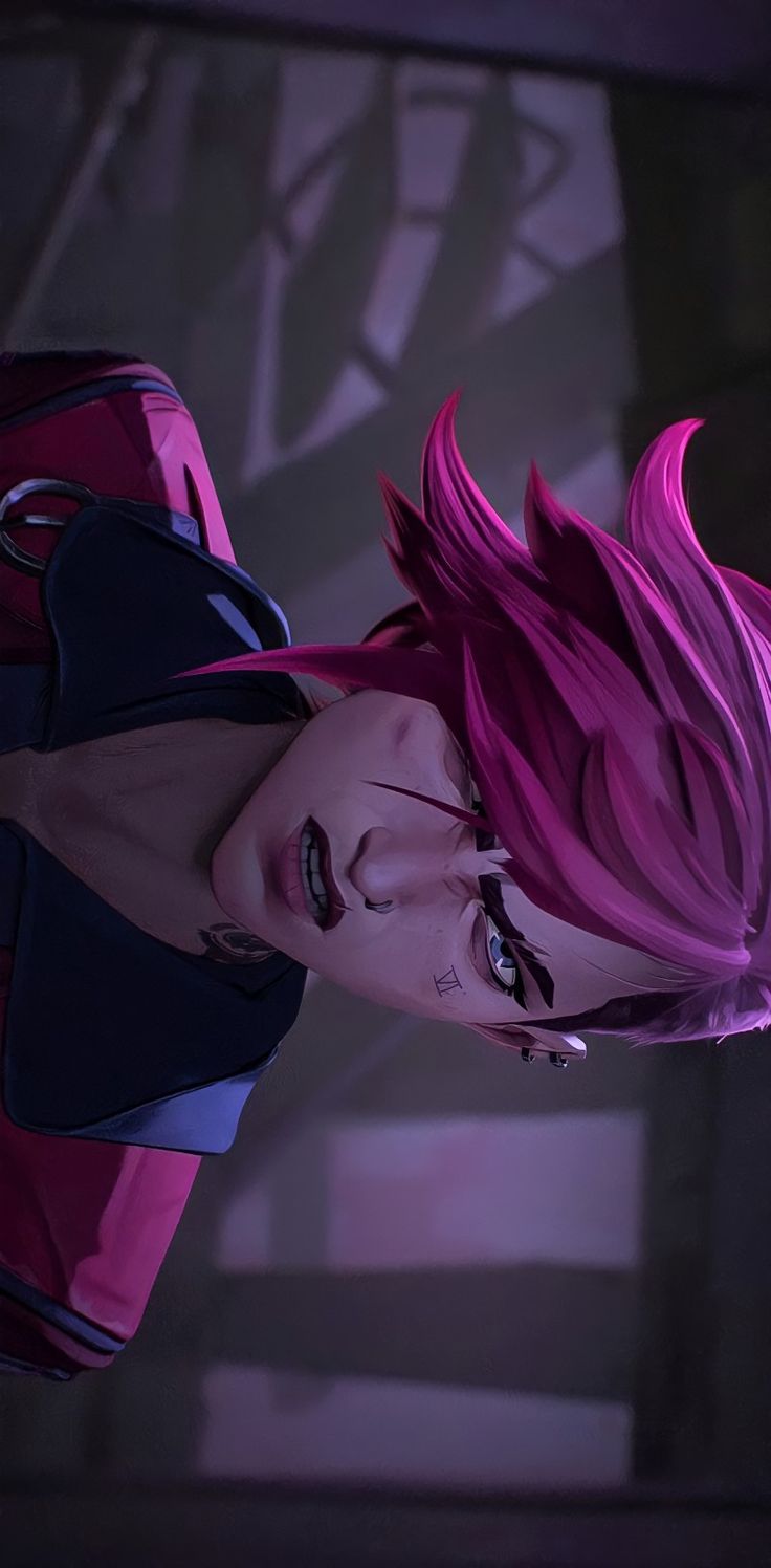 an animated woman with pink hair and blue eyes looks at the camera while standing in front of a wall