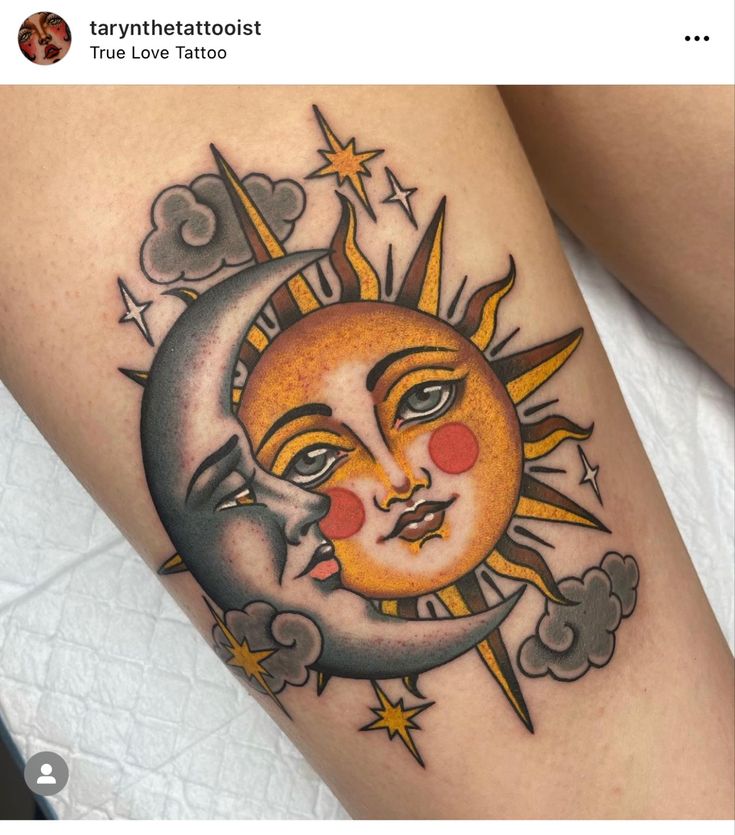 a sun and moon tattoo on the thigh, with clouds in the sky behind it