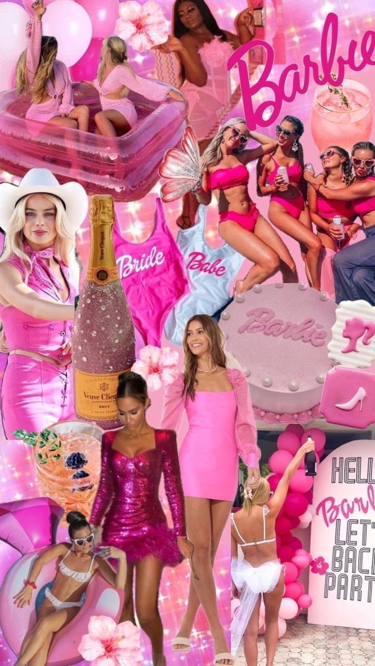 a collage of women in pink dresses and balloons with the words barbie written on them