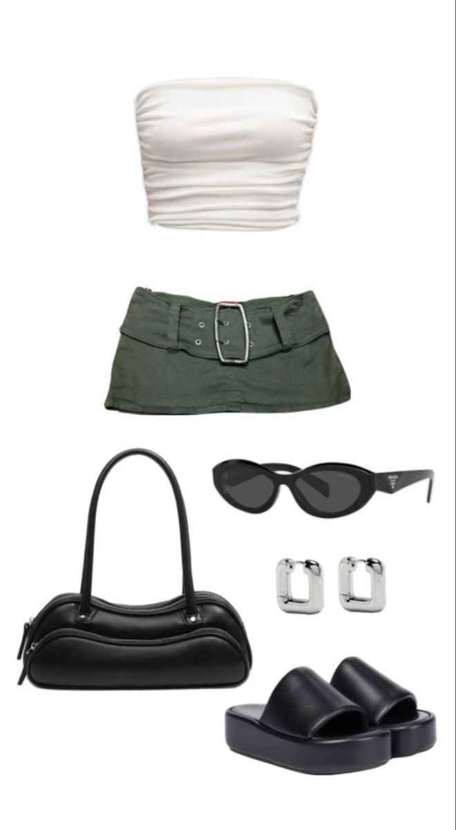 a simple white tube too with a super cute y2k army green mini skirt and black chunky sandals!  accessorized with a black purse, black sunglasses and silver hoops! #fashion #miniskirtoutfit #skirtfashion #chunkyshoes #sandalsoutfit  #green #black Army Green Mini Skirt Outfit, Super Mini Skirt Outfit, Green And Silver Outfit, Sandals Outfit Aesthetic, Green Mini Skirt Outfit, Y2k Mini Skirt Outfit, Chunky Sandals Outfit, Black Sandals Outfit, Black Chunky Sandals