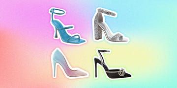 four pairs of high heeled shoes on a multi - colored background