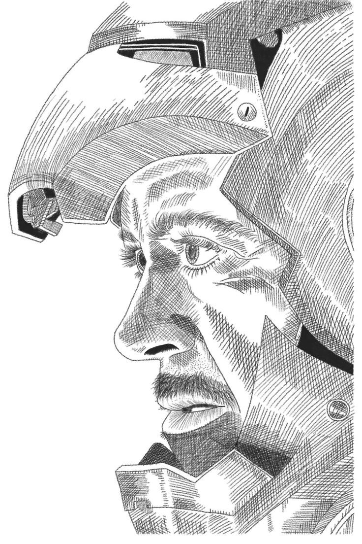 a black and white drawing of a man wearing a helmet