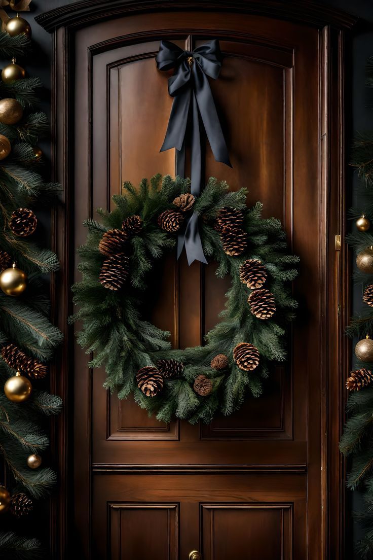 a christmas wreath hanging on the front door with pine cones and evergreens around it