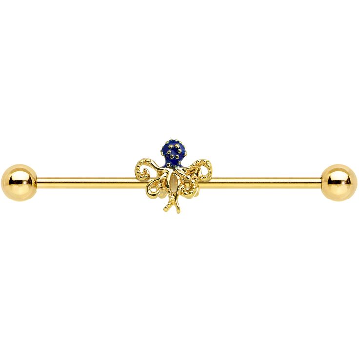 14 Gauge Gold Tone Textured Blue Octopus Industrial Barbell 38mm Give your piercings some nautical flair with this 14 gauge helix barbell! It's made with a 1 1/2" gold tone PVD over 316L surgical grade stainless steel straight barbell with 5mm ball ends. It features an octopus charm, heavily embellished with textured detailing. It's further embellished with deep blue coloring for an added splash of contrast. You can even slide this cephalopod up and down the barbell for the perfect look! Give yo Blue Octopus, Ear Piercings Helix, Helix Ear, Barbell Earrings, Jewelry Promotion, Barbell Piercing, Industrial Barbell, Industrial Piercing, Tongue Rings