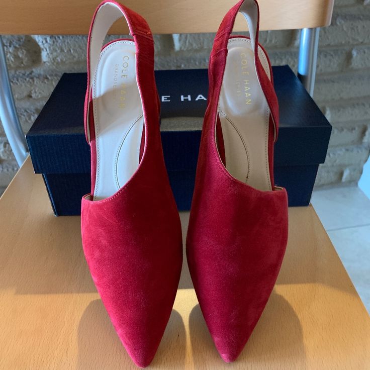 Cole Haan Vania Pumps; Color Red Dahlia Suede; 65 Mm (2.55") Heels. New In Box. Excellent Condition--Never Worn, Only Tried On. Great Pop Of Color! Red Pointed Toe Slingback Pumps For Work, Red Slingback Pumps With Pointed Toe For Work, Chic Red Slingback Pumps For Office, Red Heels With Heel Strap For Work, Red Summer Heels For Work, Red Heels With Removable Insole For Office, Red Heels For Office, Red Dahlia, Cole Haan Shoes